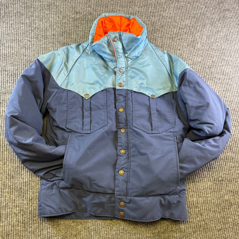 1st Down Puffer Jacket Small Blue Navy Goose Down Polyester Cotton Western Yoke